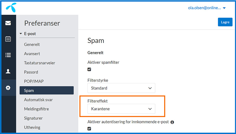 Slik endrer du spam-preferansene dine i Online e-post