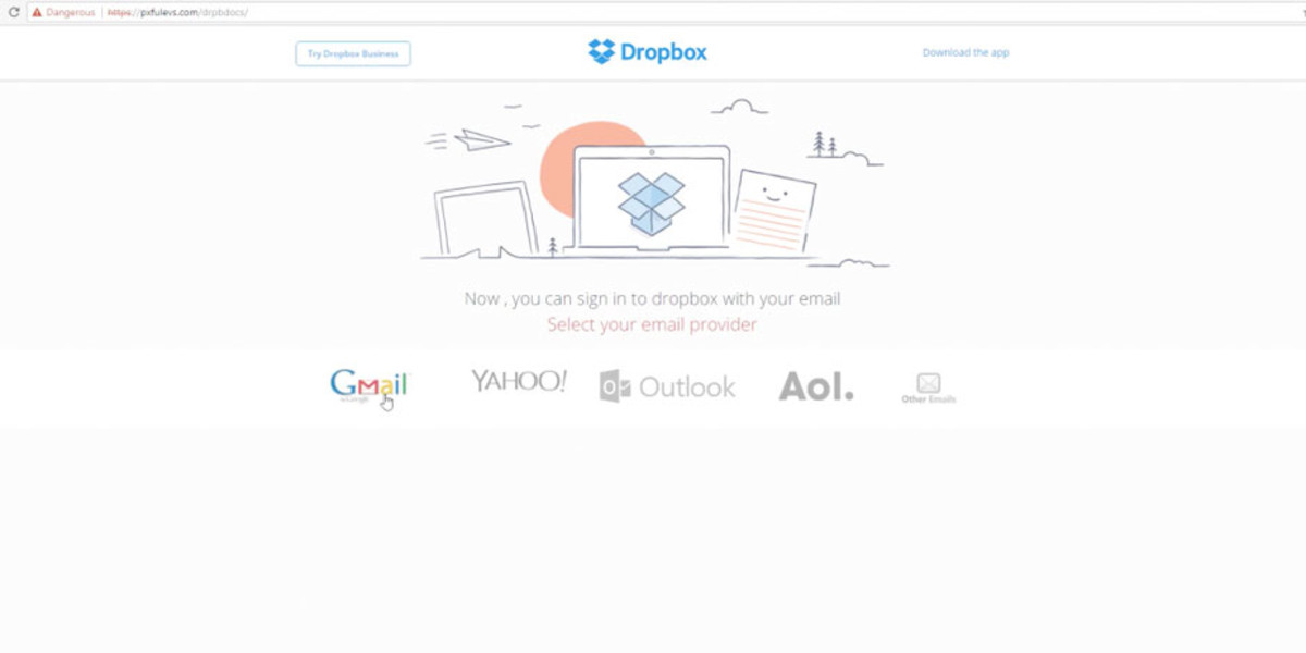 Denne siden utgir seg for å være den kjente fildelingstjenesten Dropbox, men er en lureside satt opp av svindlere. Foto: Skjermdump